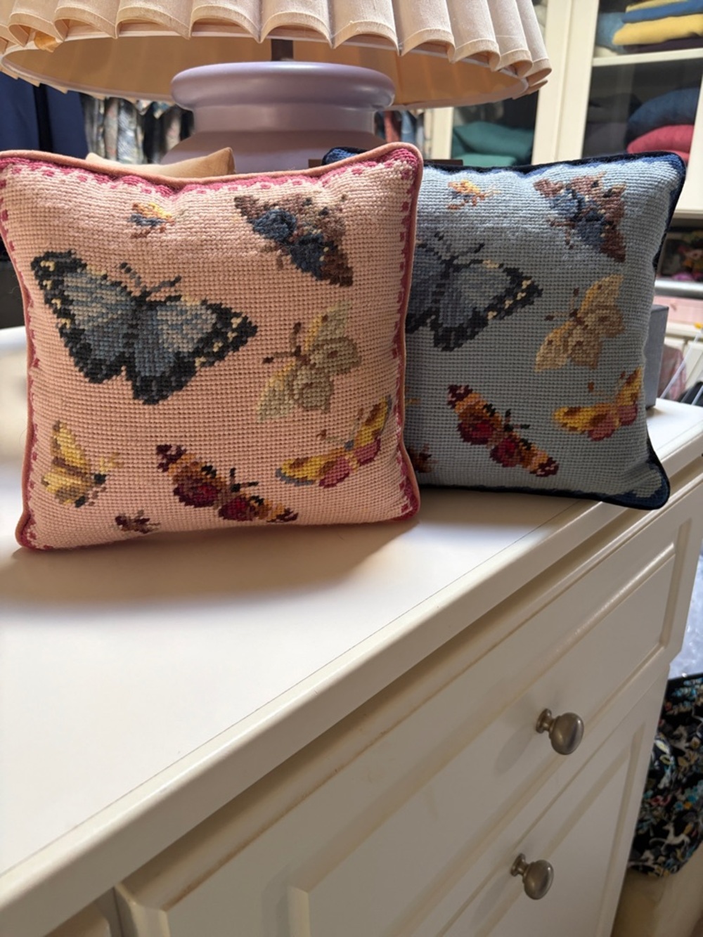 Needlepoint Butterfly Accent Pillow - Pink and Blue